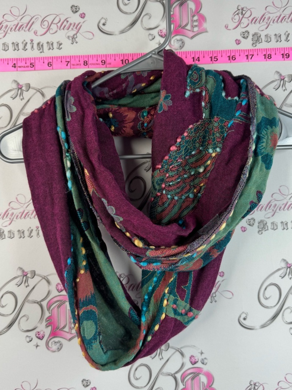 Baba scarf scarve flowers embroidered Floral Infinity Scarf in Plum & Teal by